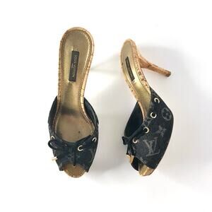 Louis Vuitton Retro Vintage Monogram Bow Denim Slides Mules Sandals 36.5